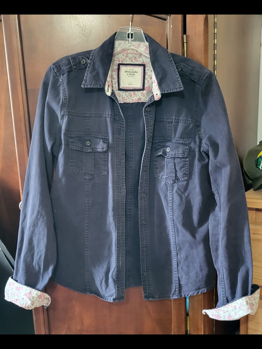 y2k Abercrombie & Fitch Navy Utility Shirt Jacket with Floral Trim